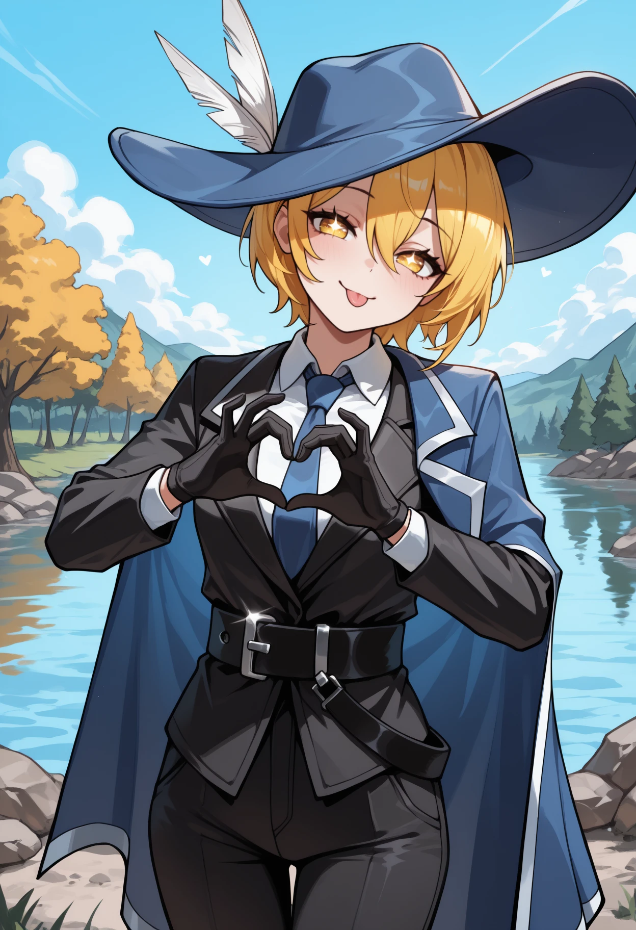 masterpiece, best quality, solo, 1girl, dnqxcinq, smile, :p, looking at viewer, standing, head tilt, heart hands, short hair, blonde hair, blue headwear, hat feather, yellow eyes, sparkling eyes, half-closed eyes, blue cape, black jacket, long sleeves, white shirt, collared shirt, blue necktie, black gloves, black pants, multiple belts, black belt, chest belt, outdoors, blue sky, cloud, tree, rock, lake, water, glint
<segment:yolo-Anzhc Face seg 640 v2 y8n.pt,0.4,0.5//cid=1>