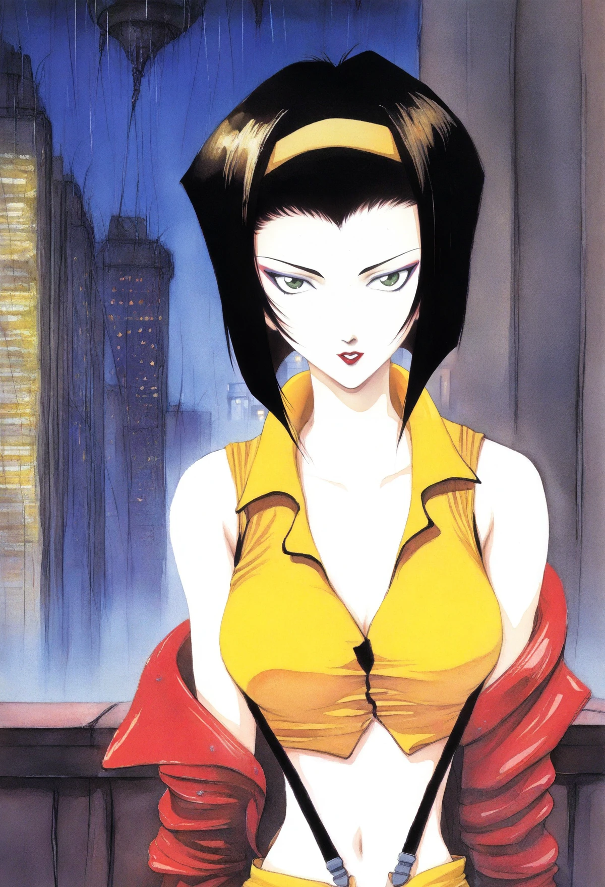 amano yoshitaka, abstract, watercolor \(medium\), masterpiece, best quality,
cover, scan, upper body, sitting, bar \(place\), faye valentine, cowboy bebop, yellow hairband, yellow crop top, suspenders, Vintage, 1990s \(style\), parted lips, 1girl, makeup, raining, night, city, masterpiece, best quality, newest, absurdres, highres,
newest, absurdres, highres <lora:YOSHITAKA_AMANO_IL:1.35>