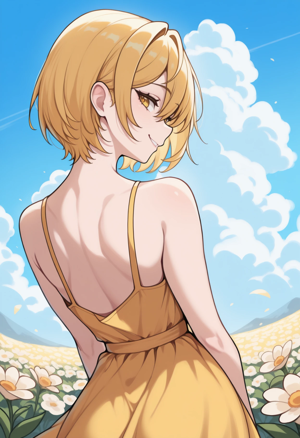 masterpiece, best quality, from behind, solo, 1girl, dnqxcinq, smile, looking back, short hair, blonde hair, yellow eyes, yellow sundress, bare shoulders, outdoors, blue sky, cloud, flower field
<segment:yolo-Anzhc Face seg 640 v2 y8n.pt,0.4,0.5//cid=1>