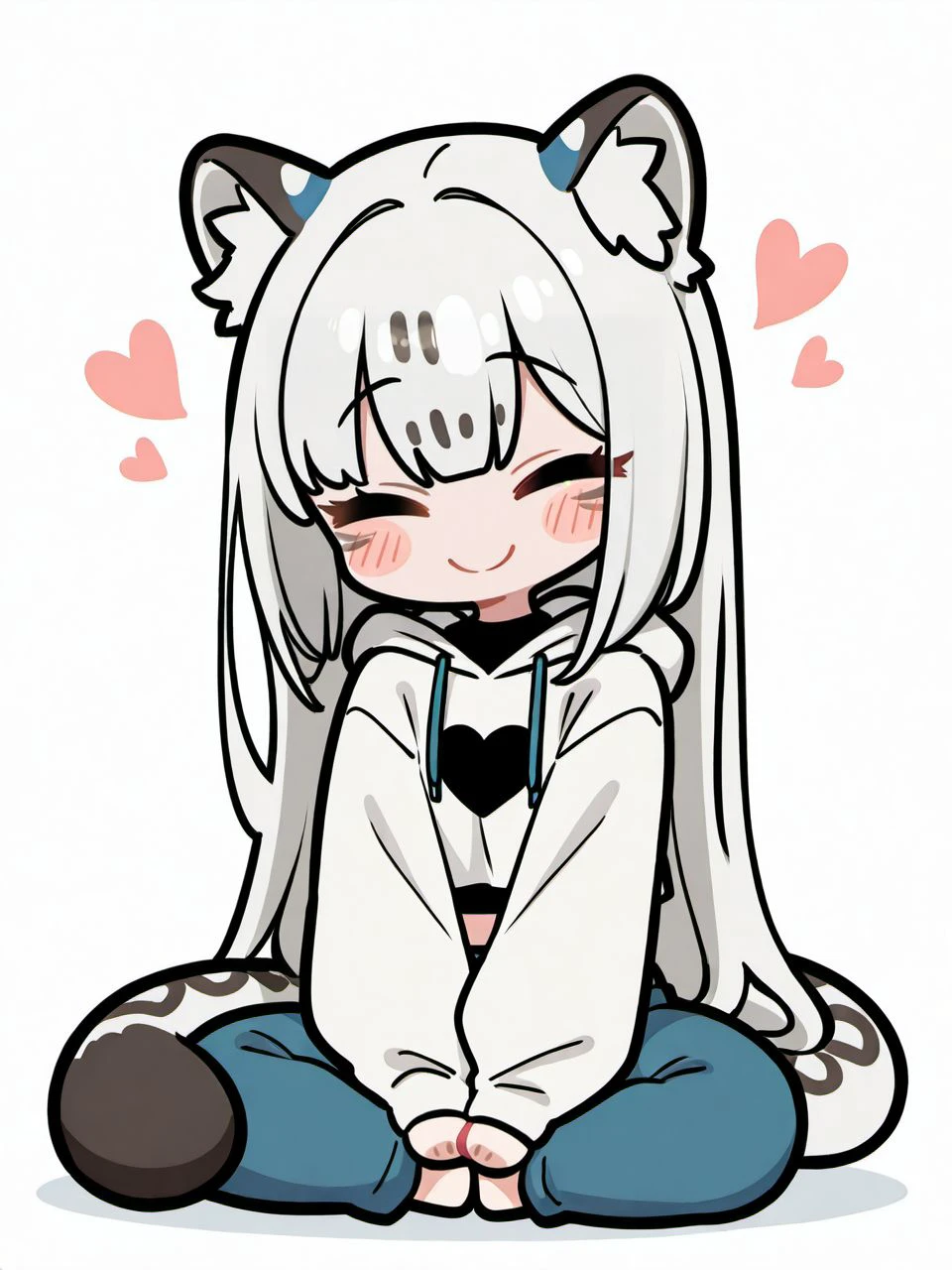 masterpiece, best quality, amazing quality, very aesthetic, high resolution,
maru, 1girl, solo, animal ears, closed eyes, long hair, chibi, very long hair, tail, white background, heart, smile, grey hair, hood, closed mouth, hood down, blush, pants, long sleeves, bangs, animal ear fluff, blue pants, hoodie, full body, facing viewer, simple background, sitting, midriff, leopard tail, shadow,
<lora:maru_race_v2_epoch_8:0.9>,