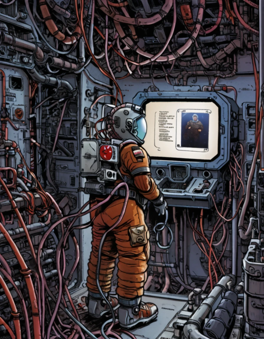 1boy, spacesuit, pipes, wires, screens, panic,
 <lora:Aliens_dead_orbit_-_James_Stokoe_Style:1>