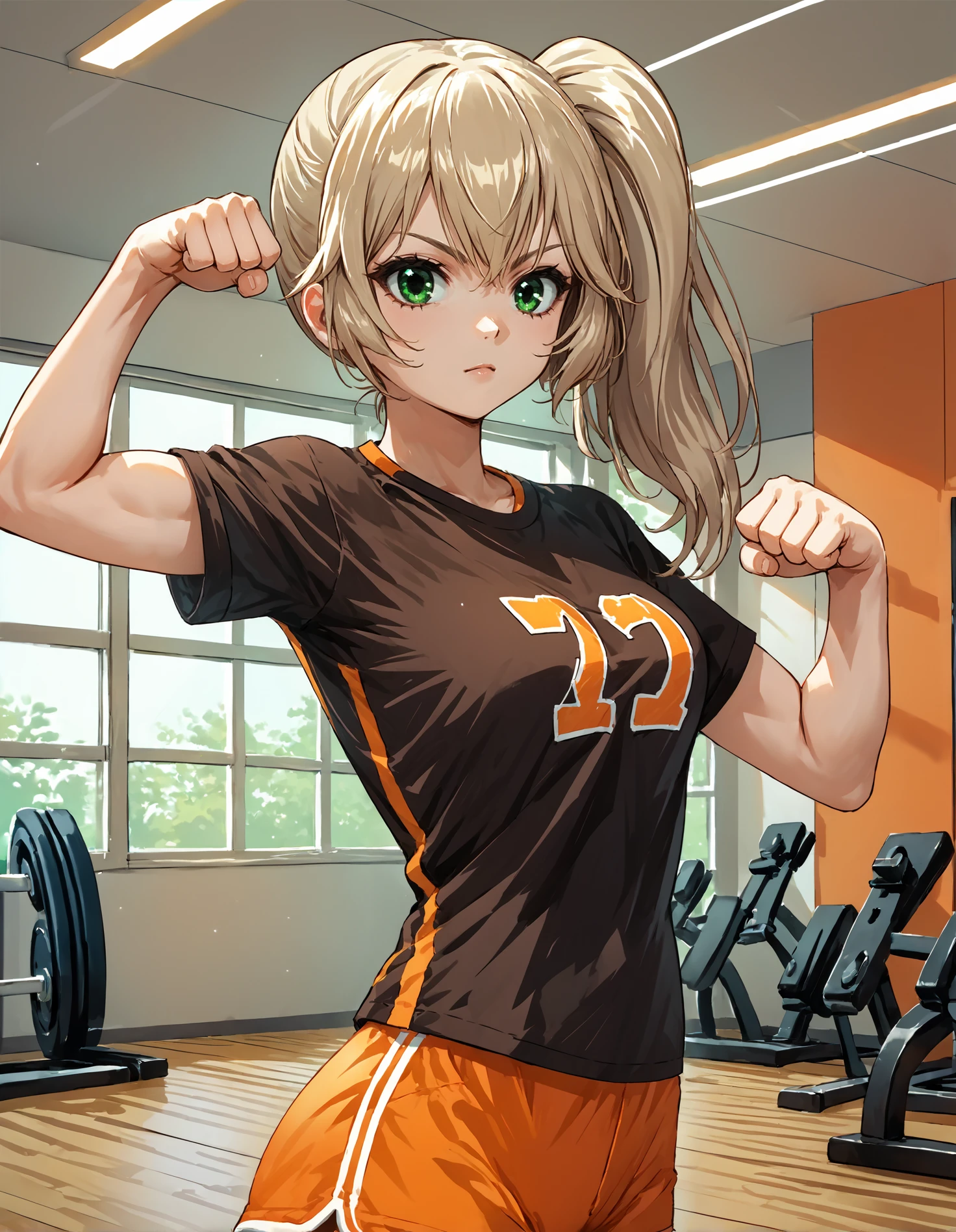 score_9, score_8_up, source_anime, 1girl, upper body, medium shot, detailed, pmmmorikomikuni, blonde hair, side ponytail, green eyes, black t-shirt, orange sport shorts, (flexing:0.8), dynamic pose, (gym:0.9), indoors, (side view:0.75), <lora:pmmmorikomikuni_XL:0.85>