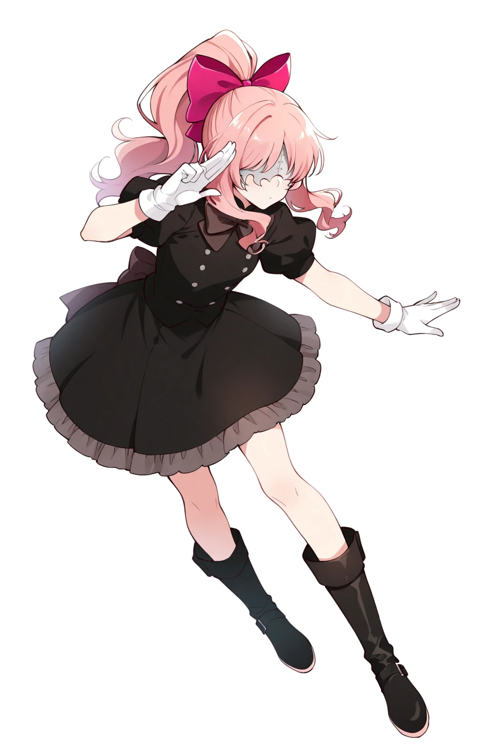 best quality, masterpiece, 1girl, aligura, bow, pink hair, hair bow, gloves, ponytail, dress, white gloves, long hair, mask, boots, puffy sleeves, black dress, short sleeves, puffy short sleeves, full body, white background <lora:Aligura:1>