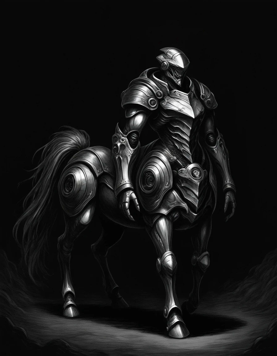 mm-style, monochrome, black background, (dragon-like armor, scales of polished bronze, Clad in heavy, futuristic power armor, the four-legged centaur warrior stands like a living tank, their augmented body enhanced with advanced cybernetic limbs.), mechanical ,horror, dark fantasy, full body, <lora:Monochrome_Monsters_IllustriousXL:0.45>