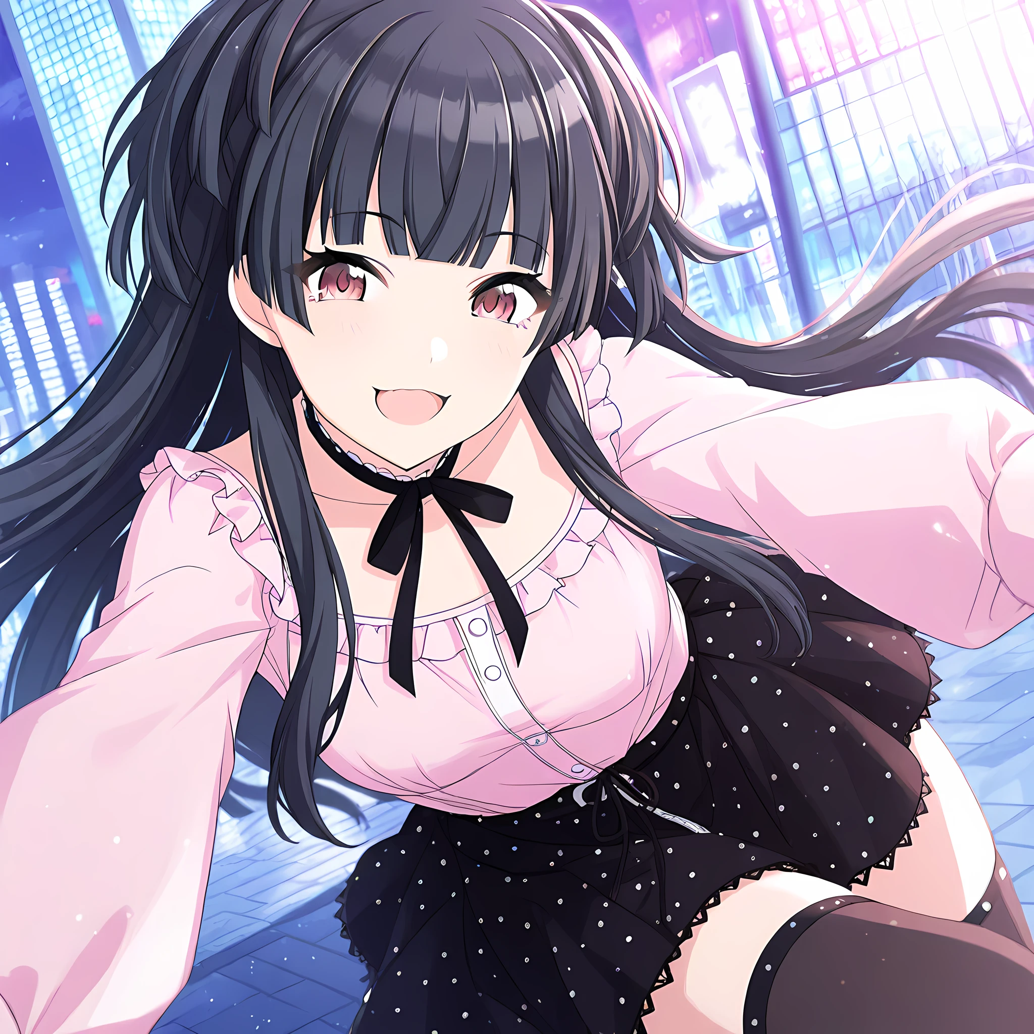 mayuzumi_fuyuko, 1girl, solo, skirt, black hair, long hair, shirt, thighhighs, black skirt, smile, looking at viewer, bangs, brown eyes, open mouth, two side up, long sleeves, pink shirt, black thighhighs, city background, midnight, blunt bangs, black ribbon, :d, ribbon, casualoutfit<lora:MayuzumiFuyukoIllustXL:1>, (masterpiece),(best quality),(ultra-detailed),(best illustration),(best shadow),(absurdres),(detailed background),(very aesthetic),