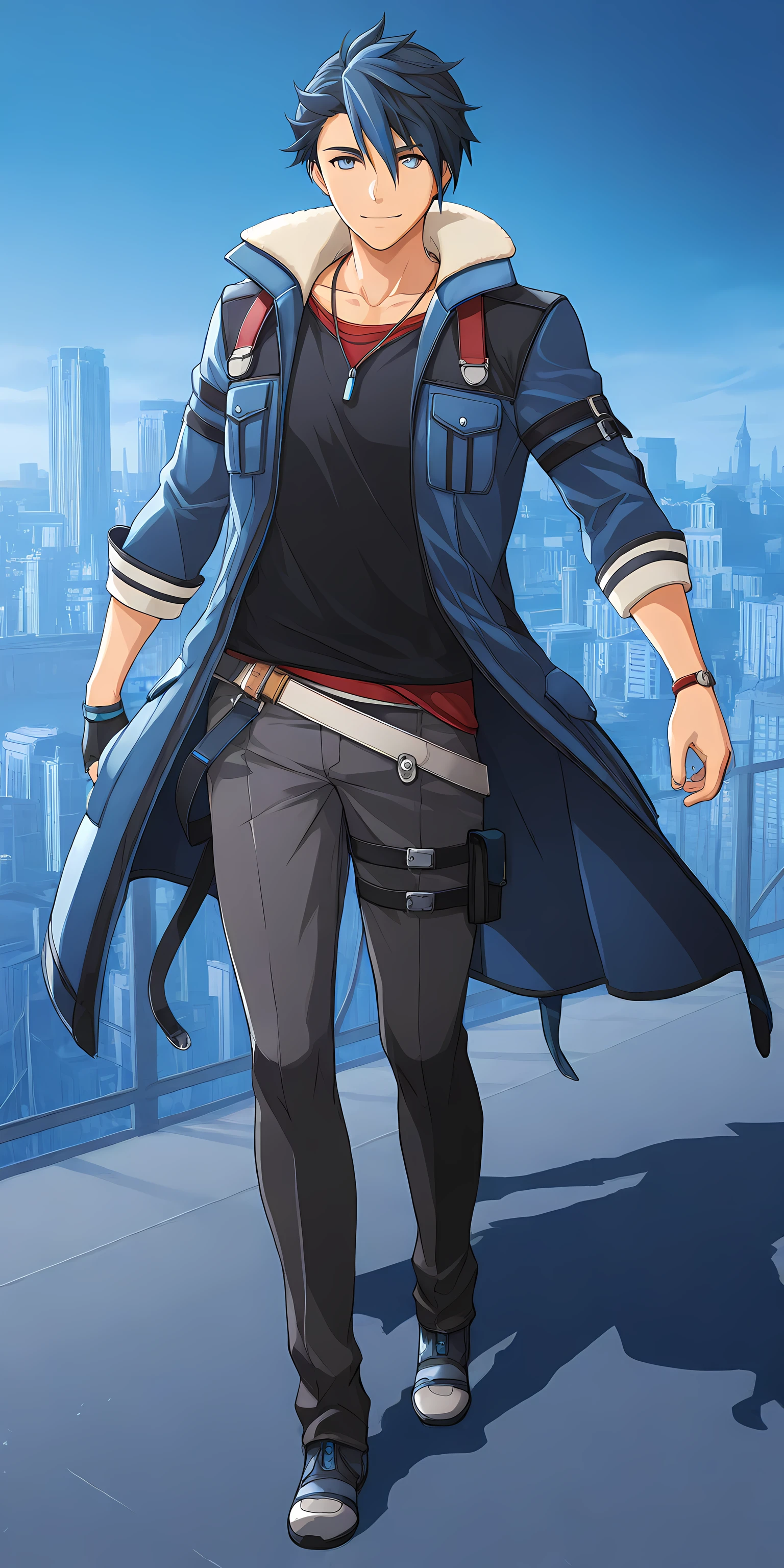 van arkride, 1boy, male focus, solo, jewelry, blue hair, necklace, blue eyes, full body, single glove, city background, smile, full body, midnight, <lora:VanArkrideIllustXL:1>, (masterpiece),(best quality),(ultra-detailed),(best illustration),(best shadow),(absurdres),(detailed background),(very aesthetic),