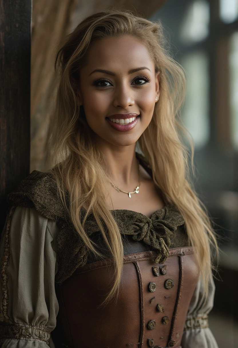 the image is a high-quality professional  close-up photograph of  beautiful idaljunqvist She is wearing gambeson. She is looking directly at the viewer and smiling. The background is nuclear powerplant. This photo is a headshot. Shot with small amount of film grain. This is a SFW image. 