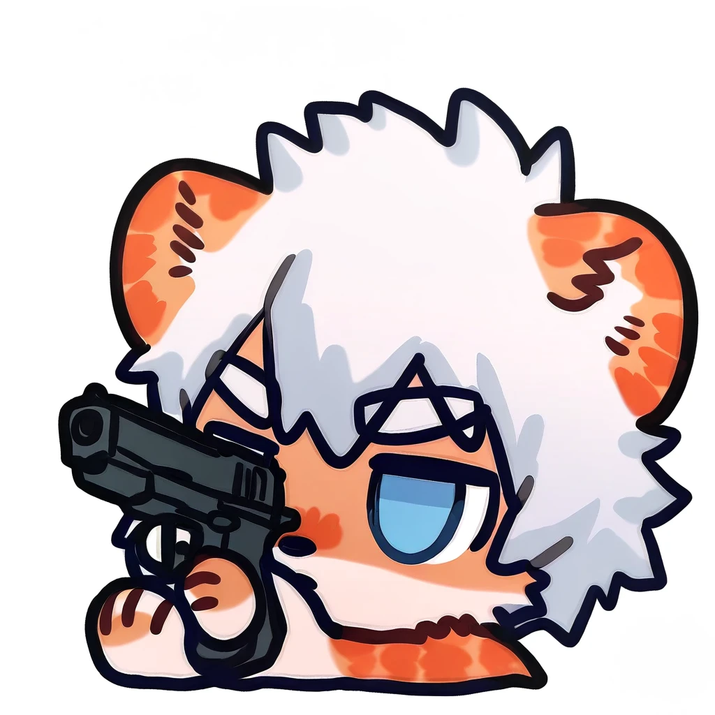 (2024, very aesthetic, newest, best quality, masterpiece,),
milkytiger, white hair, blue eyes, solo,
mikus-fir, holding gun, chibi