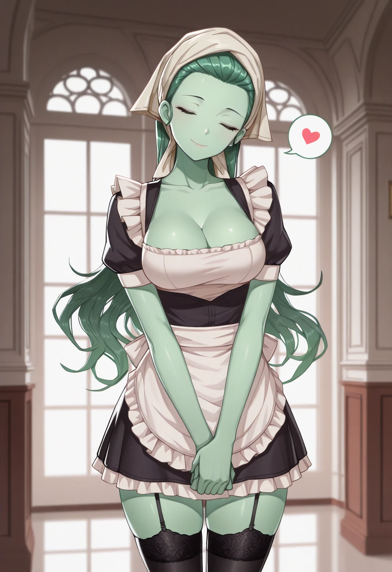 masterpiece, best quality, 1girl, solo, standing, smile, closed eyes, own hands together, spoken heart, head tilt, <lora:SilkySMT-illu:1> slkSMT, green hair, long hair, headscarf, hair pulled back, green skin, maid, maid apron, cleavage, miniskirt, black thighhighs, garter straps, indoors, mansion