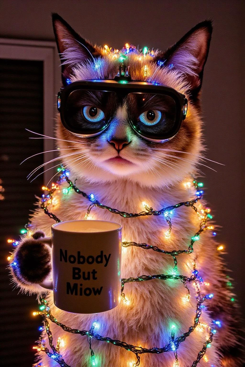 Grumpy Cat, holding a coffee mug, wearing a bulky VR Headset. The mug has the phrase "NobodyButMeow" printed, She has Christmas lights wrapped all around the body. <lora:xmaslight1_nocap_d6a3:1.0><lora:808040514399067465:0>