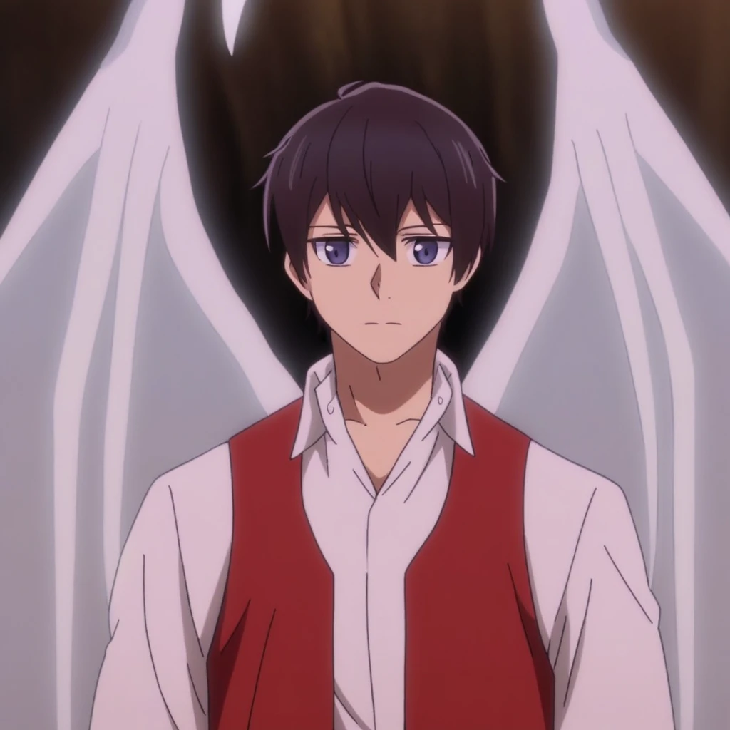 doran_ryu, best eyes, 1boy, male focus, solo, white collared shirt, red waistcoat, light blue wings,