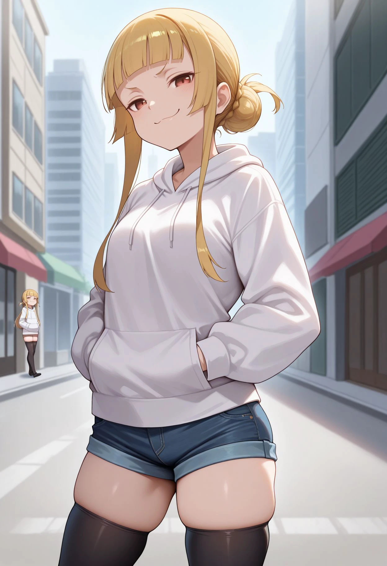 masterpiece, best quality,    looking at viewer,  <lora:Sao Fuka v2:1> fuka (sao), 1girl, blonde hair, long hair, sidelocks, blunt bangs, white hoodie, denim shorts, black thighhighs, skindentation, hands in pockets, outdoors, smile, smug, street, building,