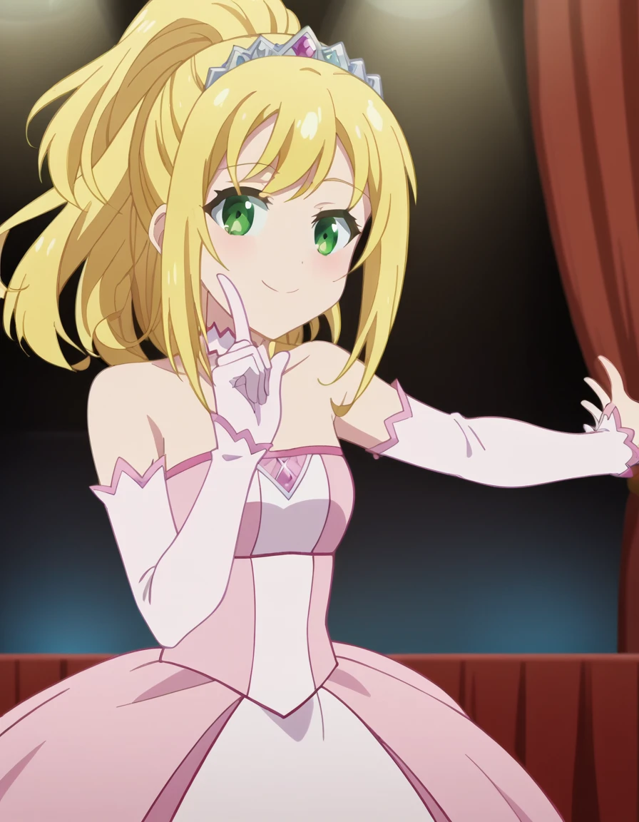 score_9, score_8_up, score_7_up, source_anime, <lora:liliana-heiligh-s3-ponyxl-lora-nochekaiser:1>, liliana heiligh, long hair, bangs, blonde hair, green eyes, ponytail, anime screencap, gloves, dress, detached sleeves, choker, strapless, tiara, pink dress, strapless dress, pink sleeves, stage, curtains, spotlight, audience, microphone, smile, <lora:hoshino-ruby-dance-ponyxl-lora-nochekaiser:1>, hoshino ruby dance, finger wagging, index finger raised, dancing, outstretched arm,, looking at viewer, solo,, dutch angle, cowboy shot