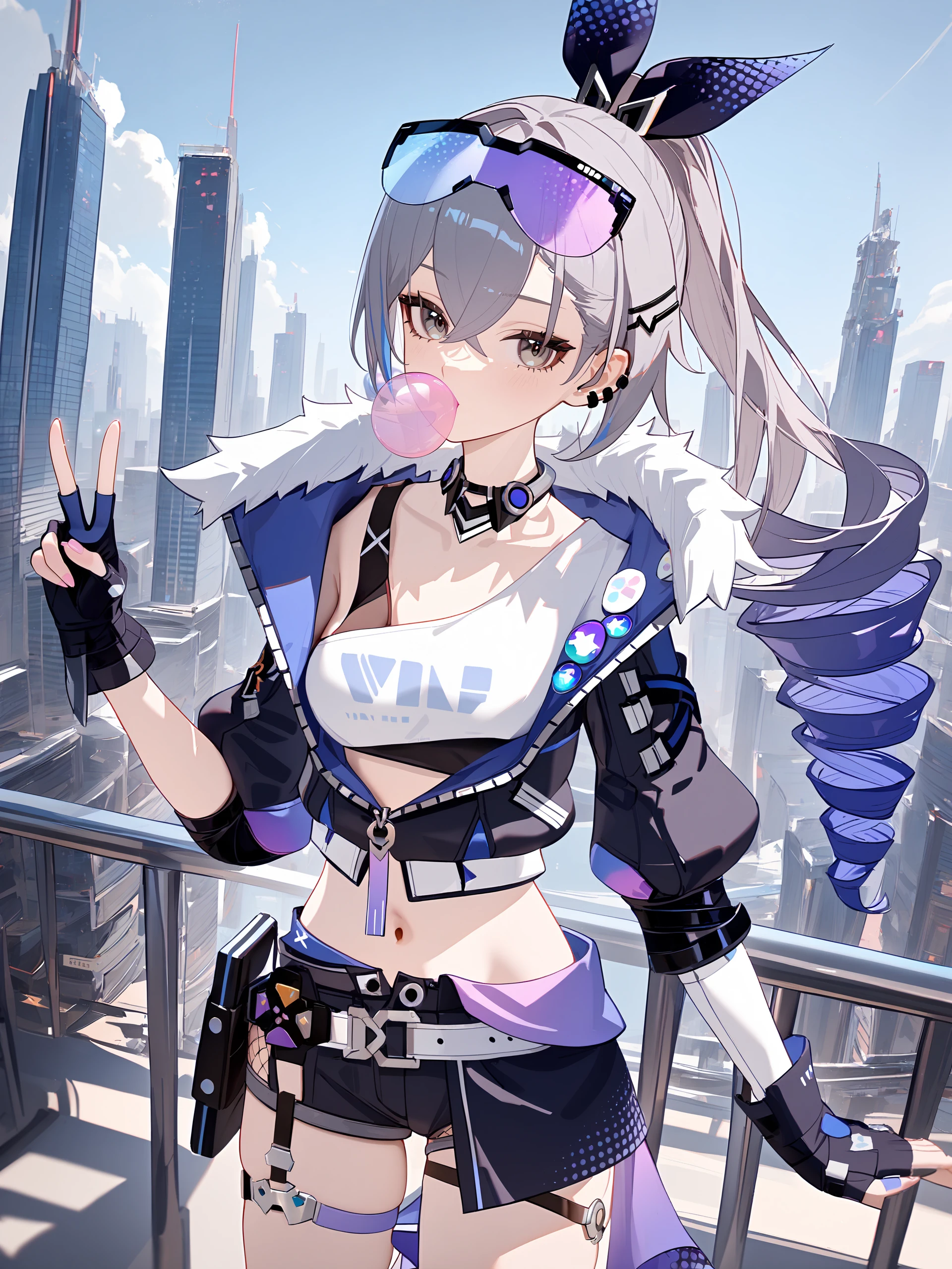 1girl, silver wolf \(honkai: star rail\), cropped jacket, fingerless gloves, black shorts, eyewear on head, sunglasses, thigh strap, hair ribbon, hairclip, crop top, choker, drill ponytail, standing, double v, cowboy shot, cityscape, depth of field, looking at viewer, bubble blowing <lora:Char-HonkaiSR-SilverWolf-V4-SDXL:0.9:hrunet=0.7>, illustration, incredibly absurdres, ultra detailed, masterpiece, best quality, perfect features, intricate details, ray tracing, very aesthetic, newest, <lora:XL-detailed_notrigger:0.95:hrunet=0.5>, <lora:XL-aesthetic_anime:1:hrunet=0.5>,<lora:XL-NAI3:0.7>