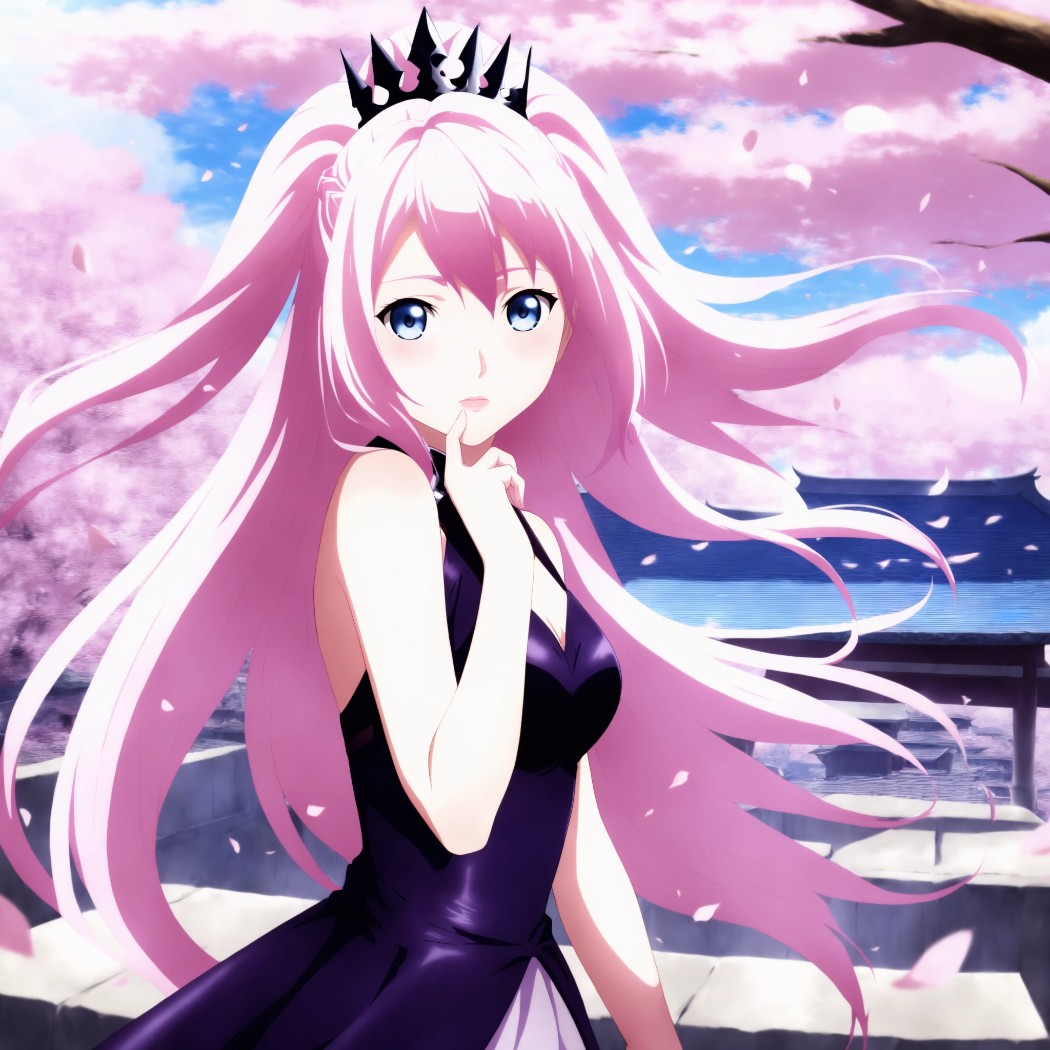 masterpiece,best quality, 1girl, solo, two side up, 15_Shionne_01B, shionne 01b, pale skin, (long hair),pink hair, (blue eyes),medium breast size,1girl black dress, dress, solo,dress, bare shoulders, sleeveless, sleeveless dress, black crown, purple dress , looking up, hand on the chin, ,  wind,  floating hair, standing,  thinking, very beautiful, so attractive, high detail background, cherry blossom trees,  <lora:Shionne_Black_Dress-000014:0.9>