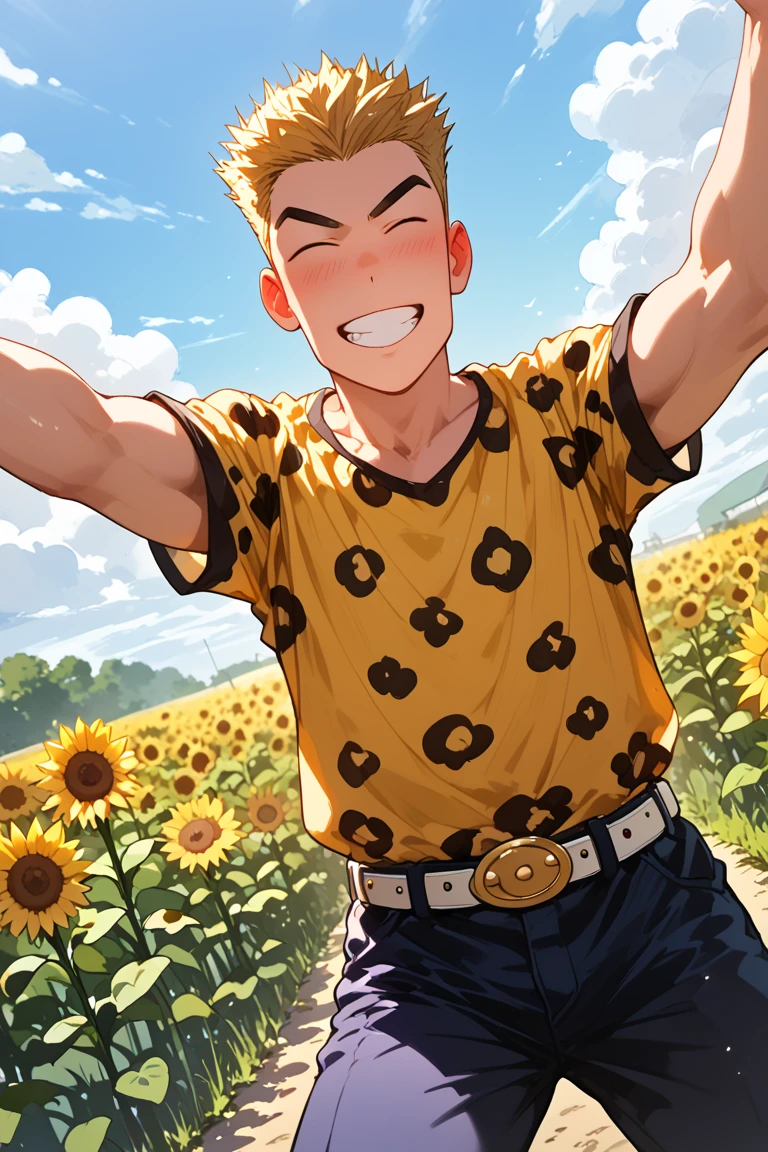 score_9, score_8_up, score_7_up, source_anime, rating_questionable, realistic shading, natural lighting, male focus, looking at viewer, cute expressive face, yasuocsc, blonde_yasuocsc_male hair,, closed eyes, bara, 1boy, grin, wide smile, teeth, blushing, happy, shiny skin, cowboy shot, leaning forward, outstretched arms, oversized arms, legs apart, navel, spring outfit, shirt, belt, cosplay, windy, floating clothes, floating hair, golden hour lighting, spring theme, outdoors, cloud, purple-pink gradient sky, sunflower, grass, from below, dutch angle, dynamic angle, bottom-pov, intricately detailed illustration, depth of field, atmospheric perspective, masterpiece, best quality, amazing quality, very aesthetic, absurdres, newest, anime screencap