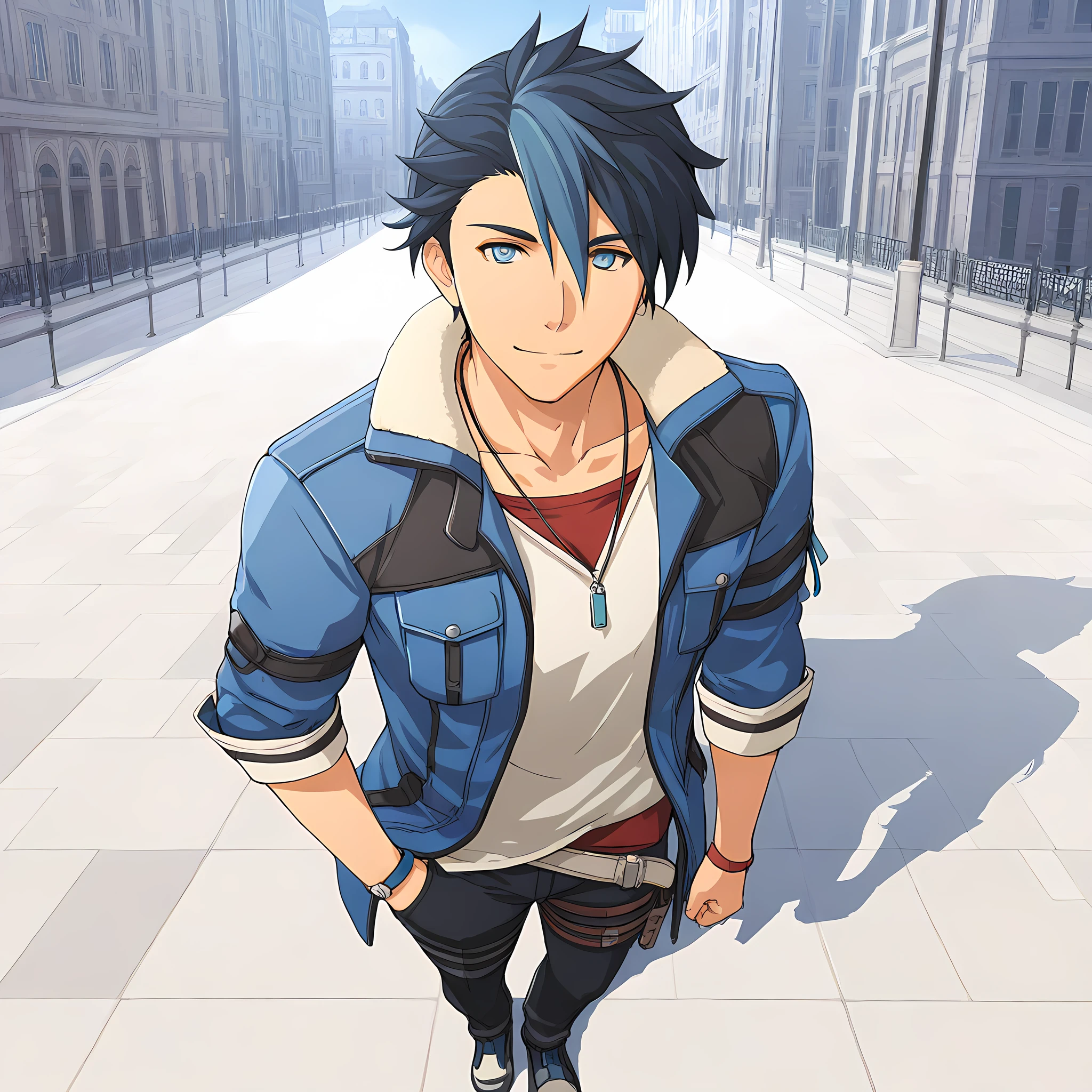 van arkride, 1boy, male focus, solo, jewelry, blue hair, necklace, blue eyes, full body, single glove, city background, smile, upper body, <lora:VanArkrideIllustXL:1>, (masterpiece),(best quality),(ultra-detailed),(best illustration),(best shadow),(absurdres),(detailed background),(very aesthetic),