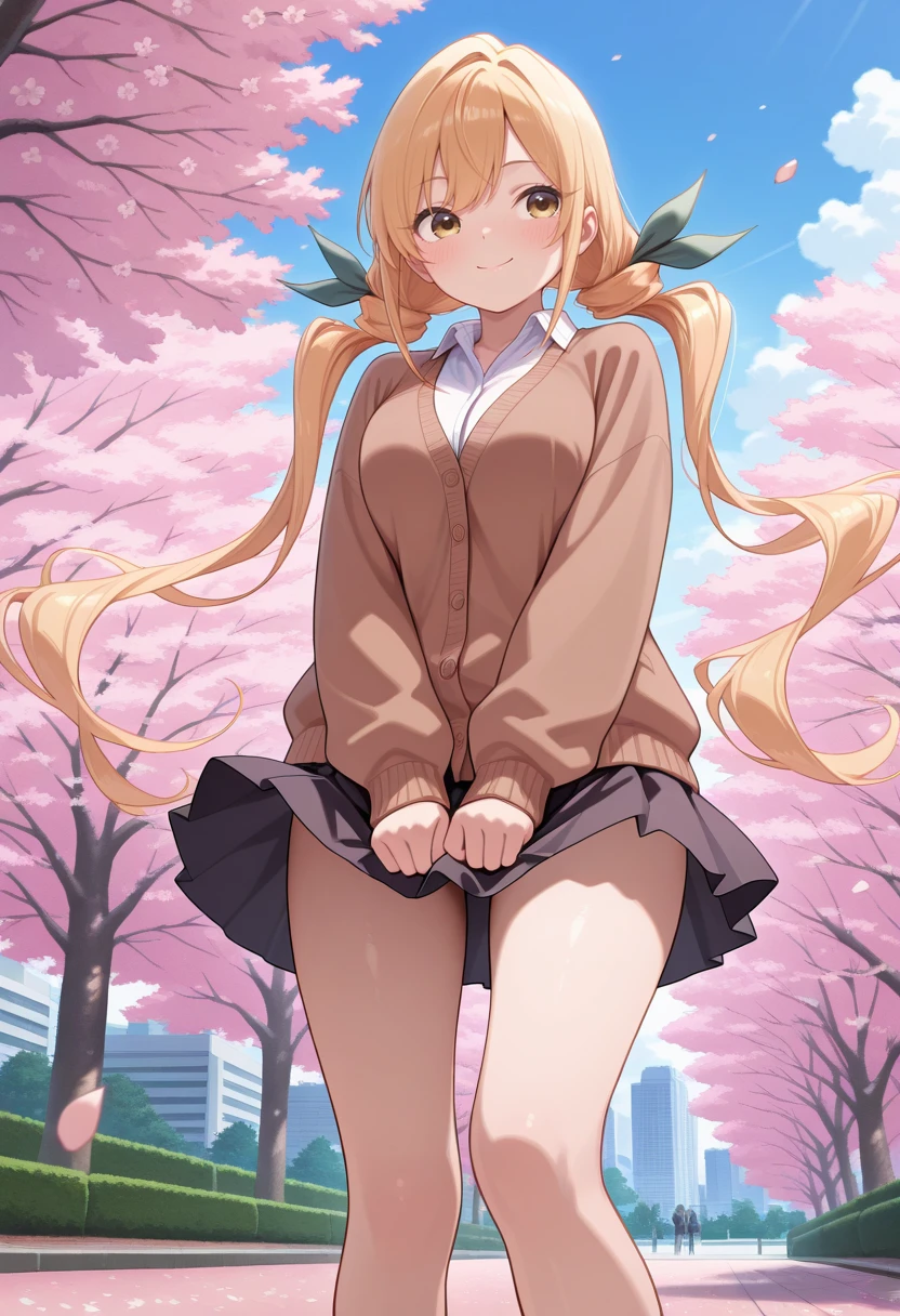 masterpiece,best quality,amazing quality,very aesthetic,absurdres,newest,tokyo \(city\), outdoors, park, cherry blossoms, falling petals, outdoors, park, cherry blossoms, wind, wind lift,  from below, looking at another, skirt tug, smile
<lora:KaraneInda:1> karaneinda, 1girl, long hair, yellow eyes, hair ribbon, ribbon, low twintails, shirt, collared shirt, school uniform, cardigan, green ribbon, blonde hair, pleated skirt, very long hair, miniskirt, black skirt