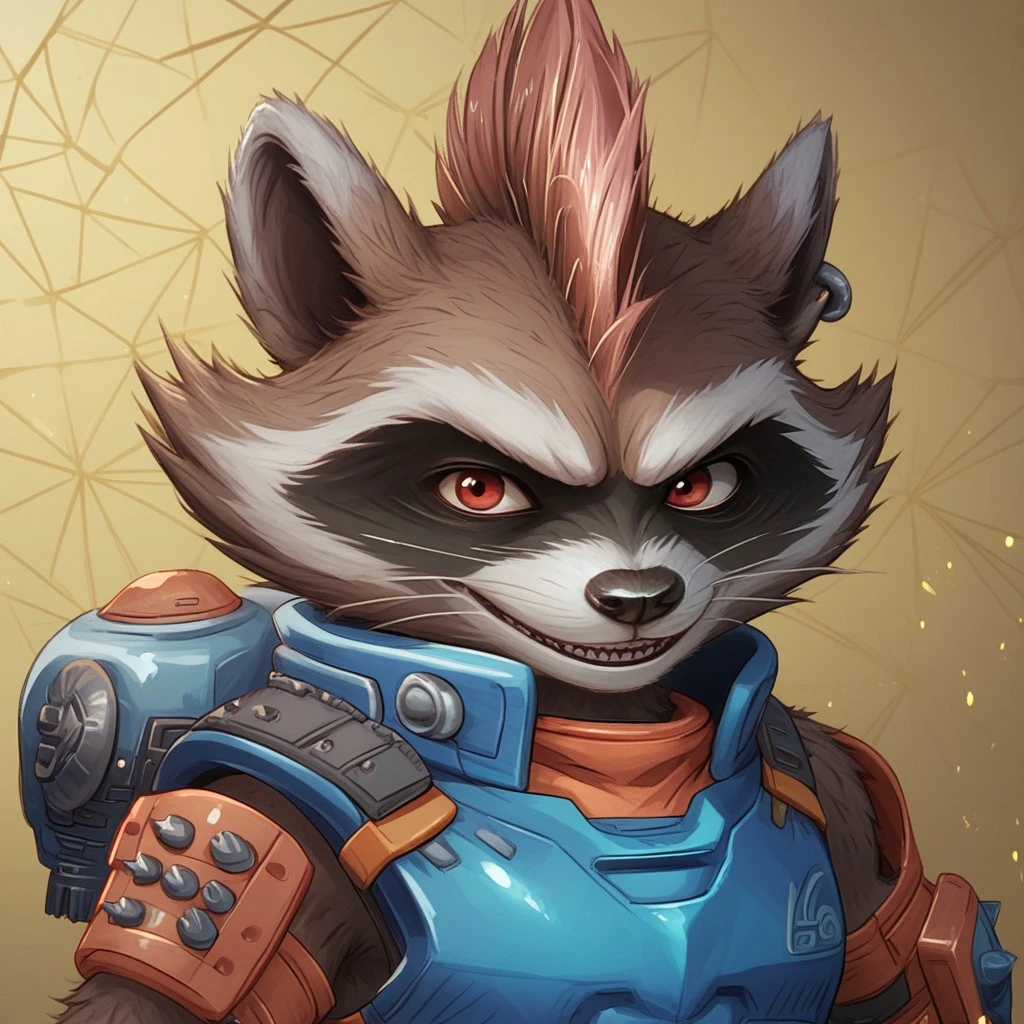 score_9, score_8_up, score_7_up, score_6_up, score_5_up, score_4_up, source_furry
anthro, ((1boy, solo)), brown fur, raccoon, mohawk, shortstack, red eyes, armor, blue pants, kneepads, earing, gloves, jetpack
BREAK
detailed background, neo tokyo scenery, (((bust portrait)))