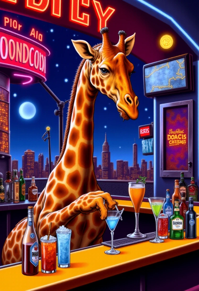 <lora:Sierra_Adventure_Games_VGA_Style_FLUX-Caption:0.9>
The image is a highly detailed, dramatic, and vividly colored drawing depicting  A giraffe standing at a bar mixing drinks in a neon-lit setting.