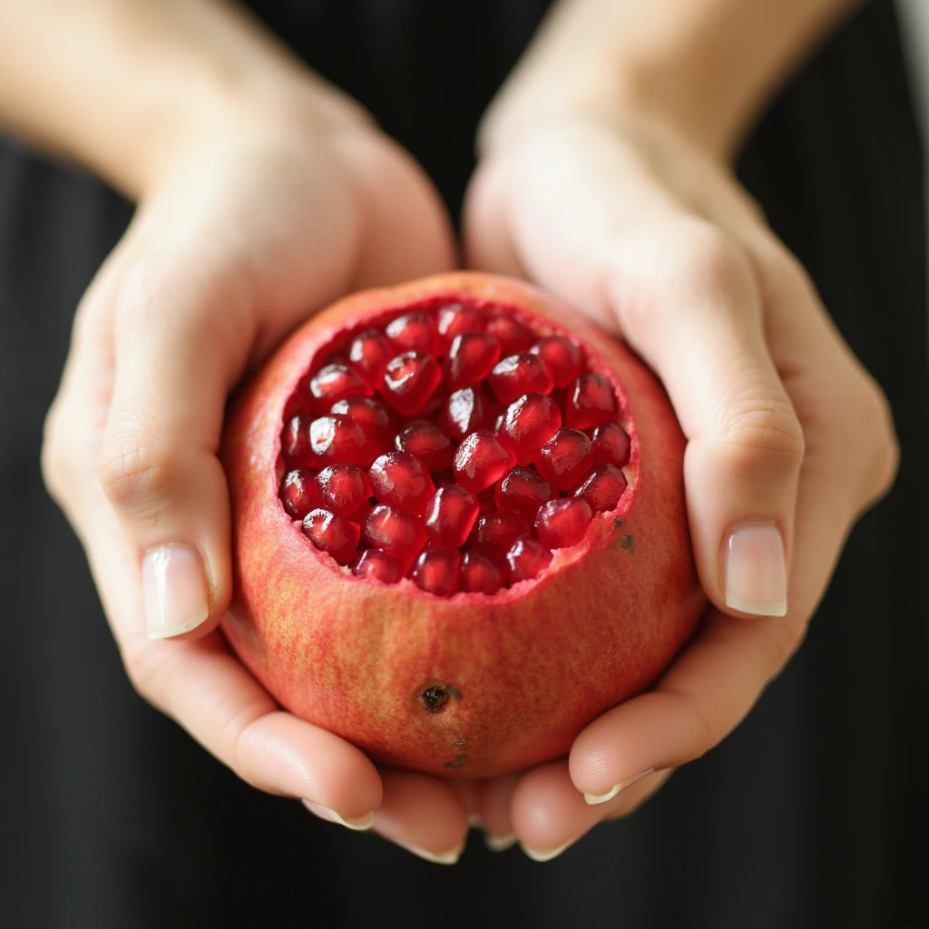 pomegranate, . this is a high-resolution photograph featuring a close-up of a person's hands holding a halved pomegranate. the pomegrante is positioned centrally in the frame, with its juicy, ruby-red arils prominently displayed. the person's skin tone is light, and their hands are gently cradling the fruit, emphasizing its natural beauty and freshness. the background is blurred, focusing attention on the pomegrant and hands, and is likely a neutral or dark color, enhancing the vividness of the pomergranate's vibrant hues. the texture of the arils is smooth and glossy, contrasting with the rough, slightly bumpy exterior of the fruit. the hands are adorned with natural, unpolished nails, adding a touch of simplicity and natural elegance to the image's composition. the overall mood of the photograph is serene and intimate, highlighting the beauty and simplicity of the subject.