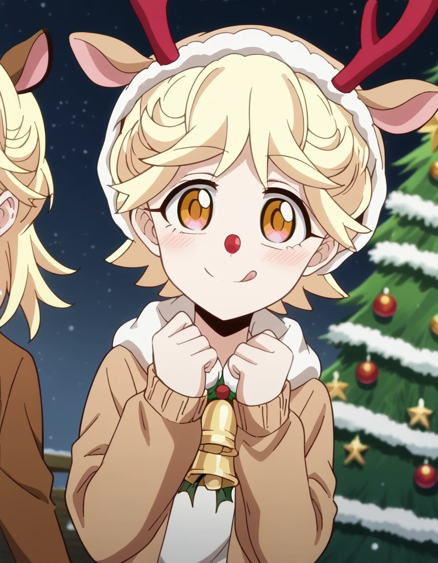 score_9, score_8_up, score_7_up, source_anime, <lora:michiru-inukai-s1-ponyxl-lora-nochekaiser:1>, michiru inukai, short hair, blonde hair, yellow eyes, anime screencap, <lora:reindeer-costume-ponyxl-lora-nochekaiser:1>, reindeer costume, animal costume, reindeer antlers, antlers, fake antlers, reindeer hood, christmas, red nose, deer ears, deer tail, christmas tree, bell, horns, reindeer,, blush, smile, tongue out, looking at viewer,, , dutch angle, cowboy shot