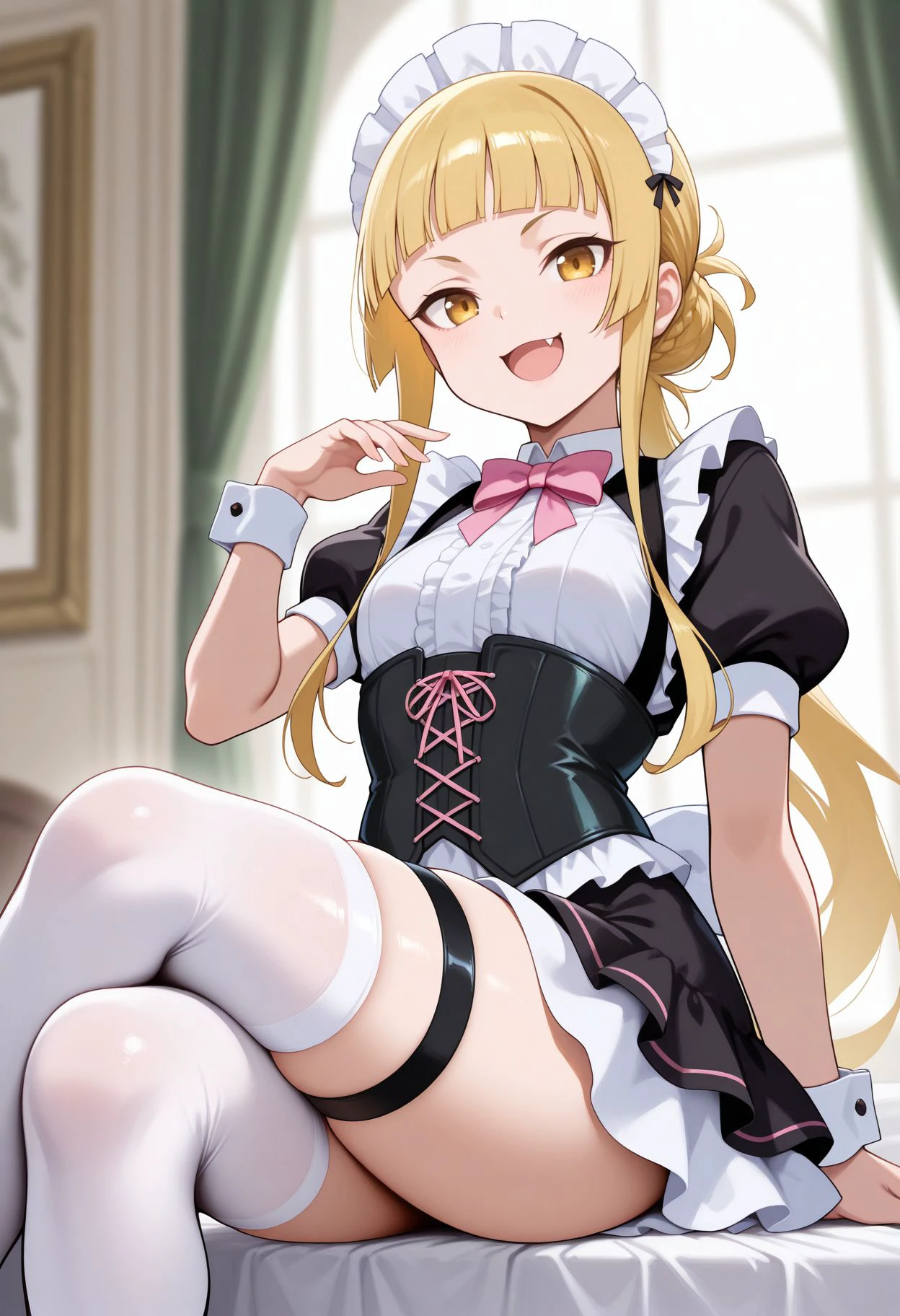 masterpiece, best quality,    looking at viewer,  <lora:Sao Fuka v2:0.7> fuka (sao), 1girl,, blonde hair, smile,, long hair, yellow eyes, :d, long, blunt bangs, fang, maid headdress, black dress, pink bowtie, puffy short sleeves, wrist cuffs, corset, layered skirt, white skirt, thigh strap, white thighhighs, crossed legs, sitting, looking at viewer, blurry background, indoors, bedroom