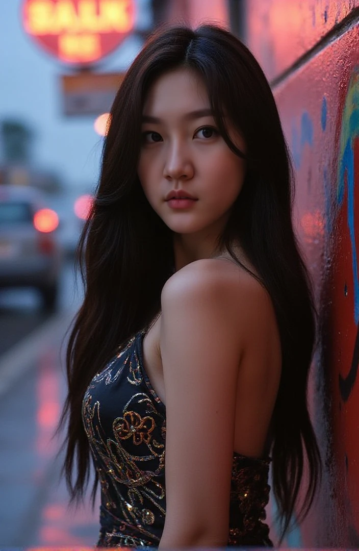 <lora:fluxx-saeron:1> $@e, In a dark, neo-noir urban landscape under the harsh glare of a rain-slicked neon sign, N4T4L13E - a woman with cascading, raven-black hair and intense brown eyes, her full lips parted in a sultry smile that reveals a single silver tooth piercing, wears an avant-garde, shimmering dress adorned with intricate, iridescent patterns. Her long, flowing hair spills across one shoulder as she stands on a rain-soaked sidewalk, leaning against the cold steel of a graffiti-covered alleyway wall. The camera captures her from an oblique angle, casting her in stark relief against the gritty background, her gaze locked with the viewer's in a defiant and mysterious invitation to join her in the shadowy heart of the city.