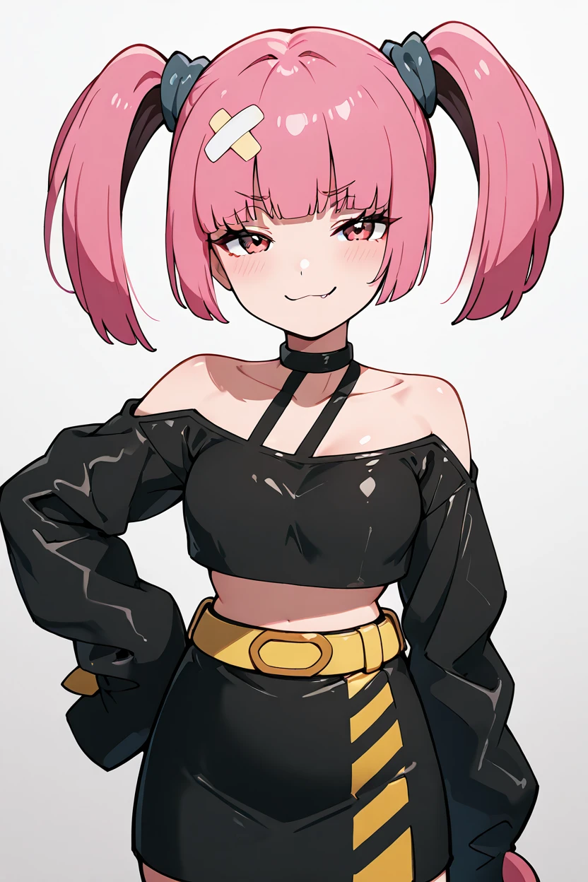 masterpiece, best quality, 1girl, solo, 21 year old model, eyelashes, (beautiful eyes), zzSango, pink hair, twintails, blunt bangs, hair ornament, belt, long sleeves, sleeves past fingers, black skirt, black choker, black crop top, bare shoulders, yellow belt, bandaid, midriff, collarbone,   <lora:SangoPokemonIXL_v1:1.0>, cowboy shot, hand on hip, smug, smile, looking at viewer, shiny skin,