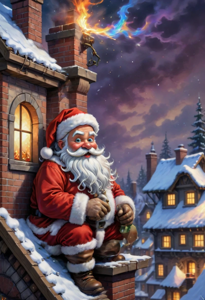 santafestivemood, picture of the charming Santa Claus stuck in the chimney of the house, detailed storybook illustration, comic, anime, iridescent colors, highly detailed beautiful details, intricate and ornate, masterpiece, best quality, clean sharp outlines, extremely high contrast, (clean sharp focus:1.4), SFW