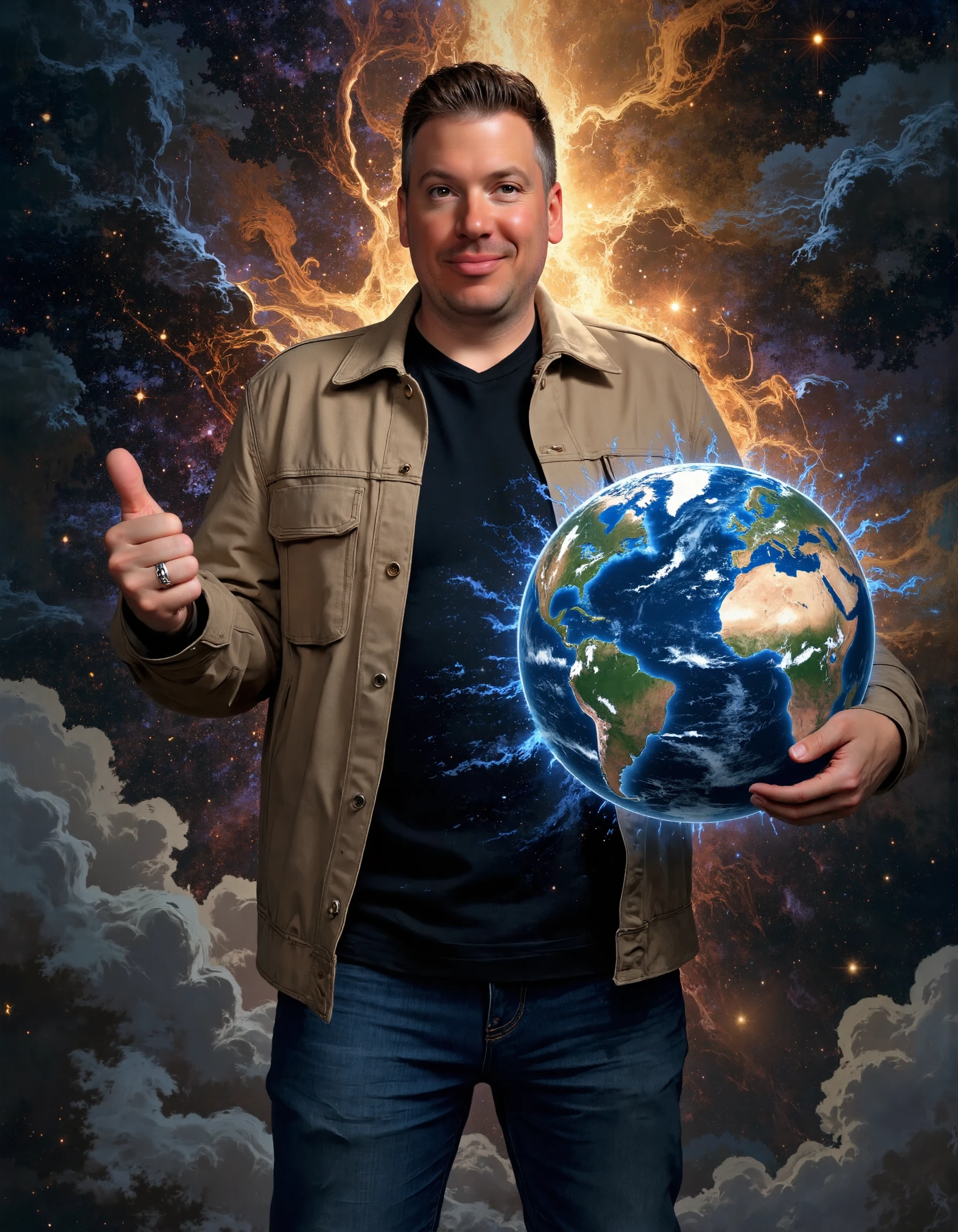 A stunning and surreal scene featuring comedian Dave Landau wearing casual clothes: a khaki jacket, black shirt, and blue jeans. He floats in the vast expanse of galactic space, surrounded by swirling nebulae and glowing stars. (His arms are stretched forward as he holds a massive, glowing Earth sphere in his hands:1.2), symbolizing his immense power and god-like presence. His eyes radiate with a celestial glow, projecting omnipotence and unmatched cosmic energy. Ethereal light emanates from his figure, creating a breathtaking aura of divine strength. The scene is majestic, with the Earth sphere glowing vibrantly, casting reflections onto Dave’s form, as he exudes an awe-inspiring cosmic majesty.