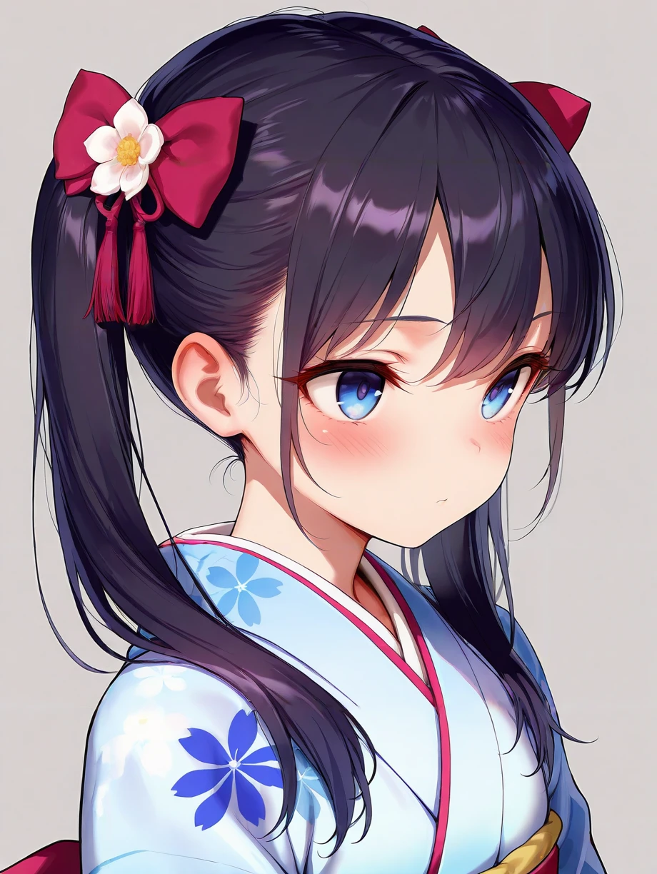 masterpiece,amazing quality,best quality,ultra-detailed,8K,illustration,CG,shiny hair,clear skin,ultra-detailed-eyes,simple background,cute girl, eyelashes,twintails,<lora:hair ribbon_illustrious_V1.0:1> hair ribbon,kimono,flower,petite girl