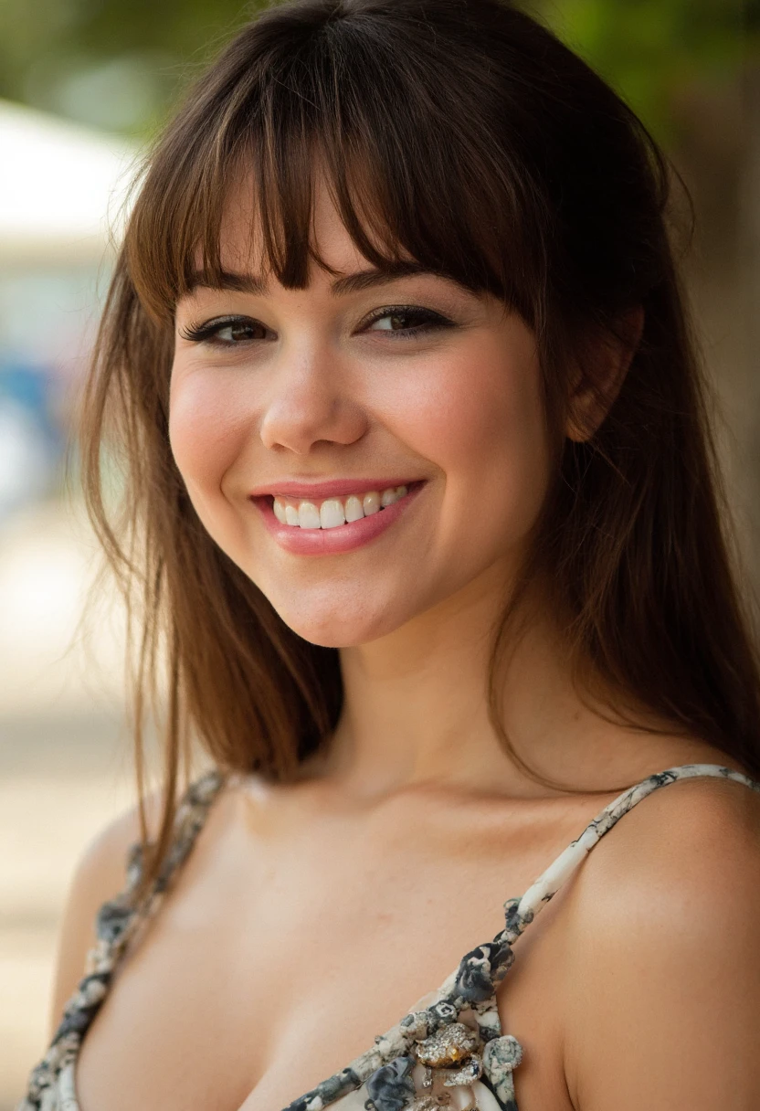 the image is a high-quality professional  close-up photograph of beautiful clairesinclair with bangs. .She is looking directly at the viewer and smiling. The background is summer. This photo is a headshot 