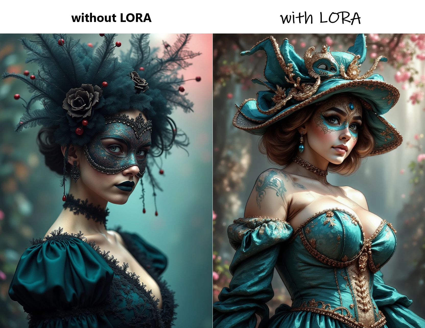 enchanted nobless with venetian mask, rococo, big breasts, hyperdetailed, bokeh, carnveal scenery, monochrome masterwork, glimpses of teal and pink, soft but rim light, mysterious, ink splash art