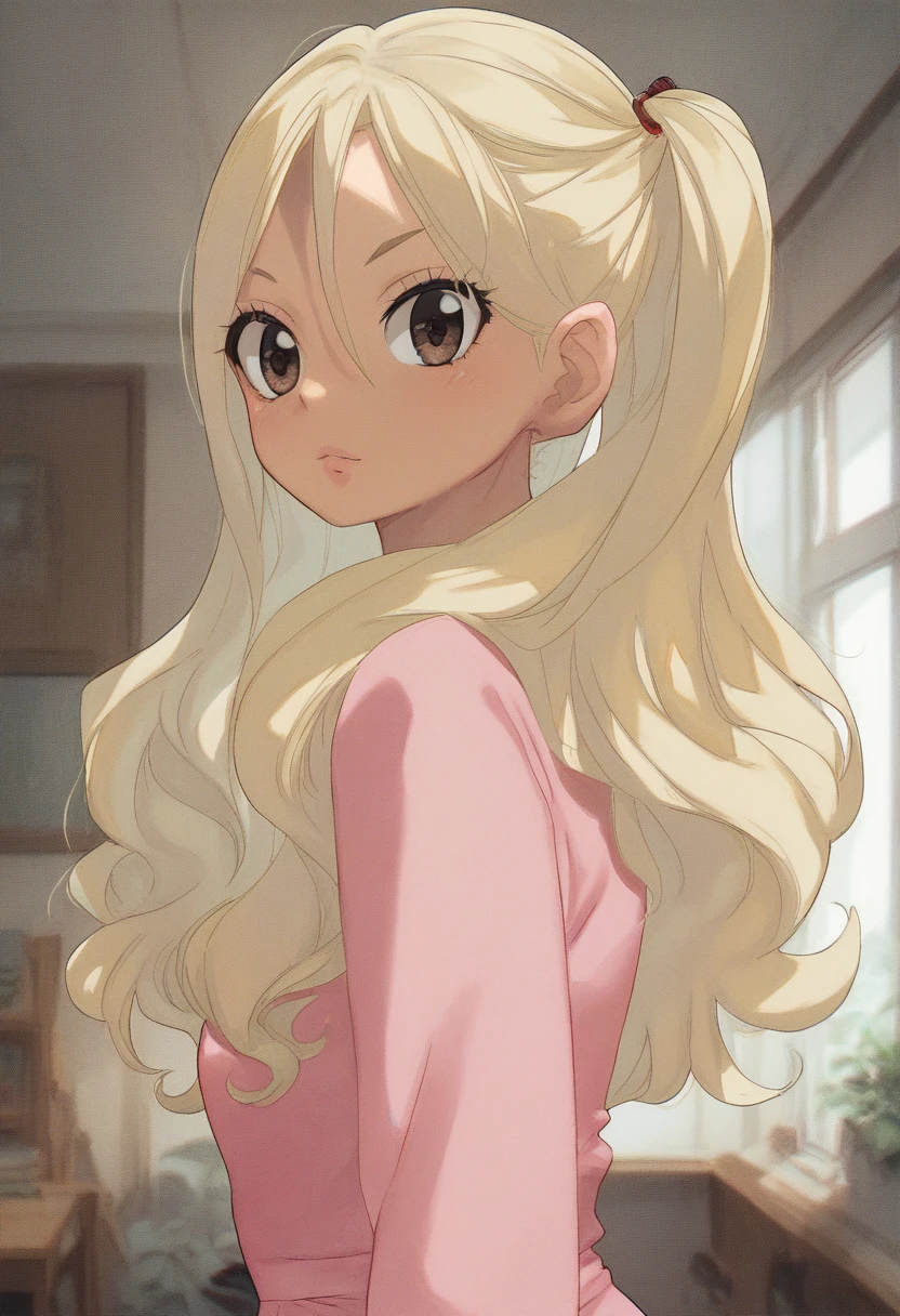 score_9,score_8_up,score_7_up, close-up a girl in a college dorm, blonde hair, long hair, brown eyes, looking at viewer, pink tight dress, indoors, interior, college dorm,