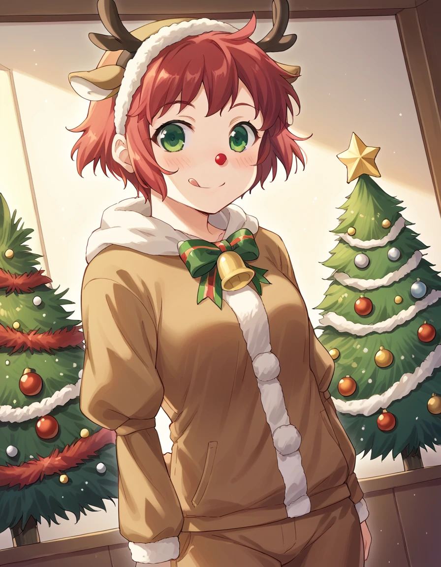 score_9, score_8_up, score_7_up, source_anime, <lora:rin-tezuka-ingame-ponyxl-lora-nochekaiser:1>, rin tezuka, short hair, green eyes, red hair, amputee,, <lora:reindeer-costume-ponyxl-lora-nochekaiser:1>, reindeer costume, animal costume, reindeer antlers, antlers, fake antlers, reindeer hood, christmas, red nose, deer ears, deer tail, christmas tree, bell, horns, reindeer,, blush, smile, tongue out, looking at viewer,, , dutch angle, cowboy shot