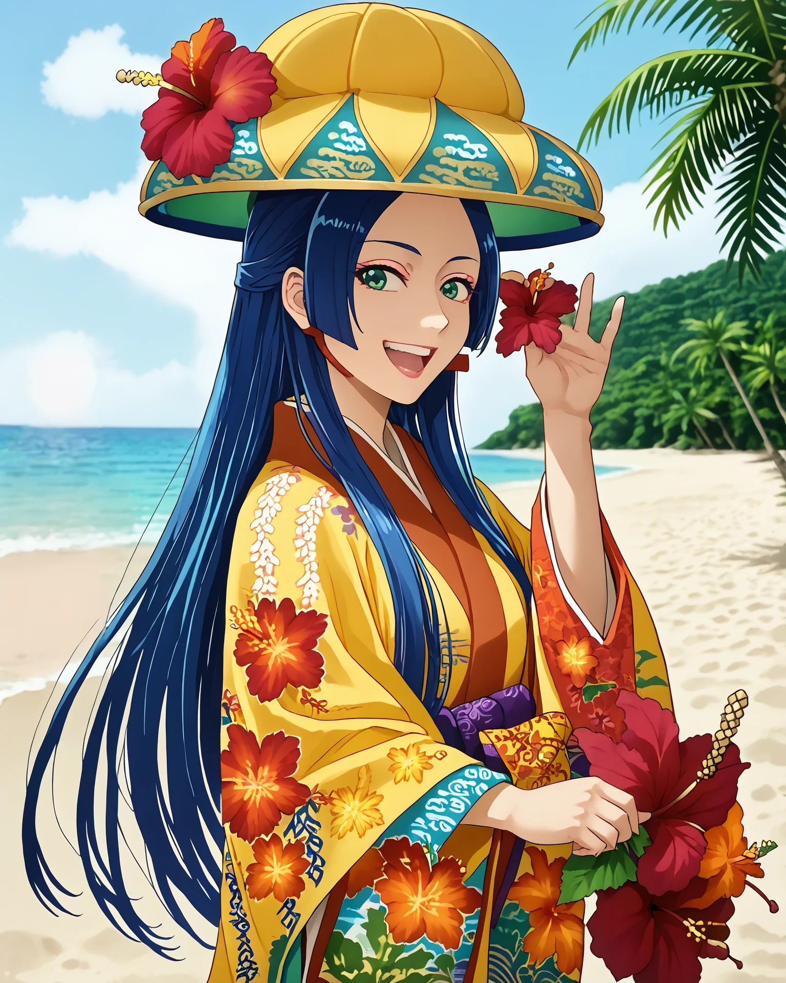 1girl, ryusou, long hair, blue hair, green eyes, ryusou hat, jacquard fabric, intricate patterns, (patterned fabric1.2), happy, beach, hibiscus, score_9, score_8_up, score_7_up,  masterpiece, very detailed, highest quality,  digital art, <lora:Ryusou_XL:1.2>,   <lora:[pony]Sunagawa Tara:1>, sunagawa tara