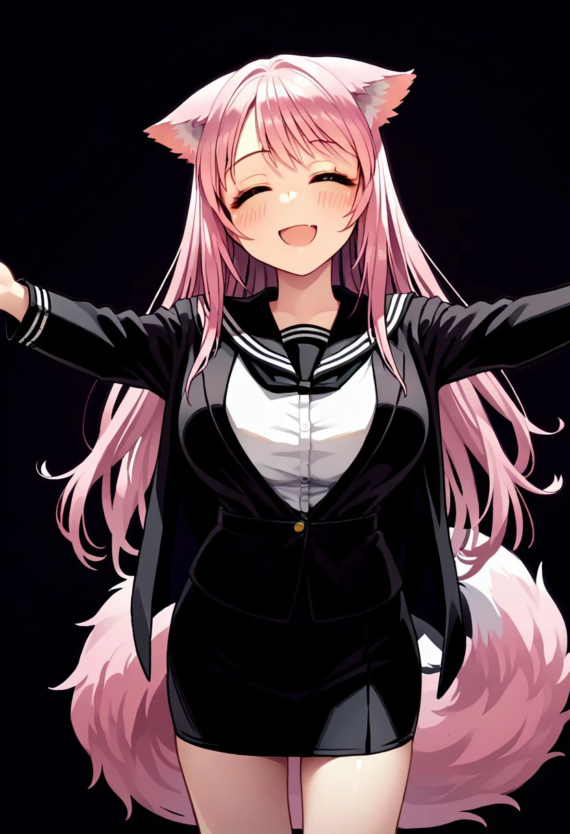 score_9, score_8_up, score_7_up, score_6_up, score_5_up, score_4_up, 1woman, Rimu Urie, female, long hair, pale pink hair, wolf ears, eyes closed, long tail, fluffy wolf tail, monkey tail, big breasts, very short skirt, black skirt, white shirt, executive uniform, serafuku, black jacket, long sleeves, calm smile, open arms, trying to hug