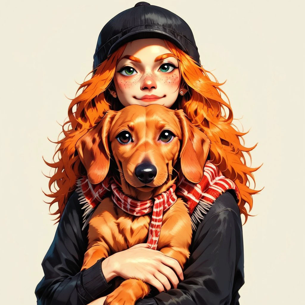 score_9, score_8_up, score_7_up, animal Focus, no humans, solo, Dachshund-PonyV1, Dachshund, dog, small dog, animal, black fur, scarf, hat, BREAK 1girl, ginger, freckless, pale, pale skin, ornage hair, long hair, hugging dog, hugging Dachshund, p3tl0v3