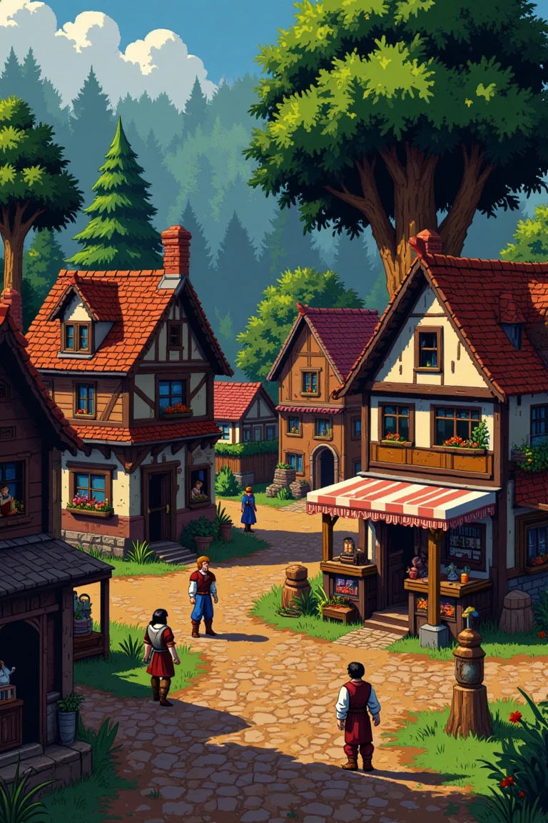 "8-bit pixel art fantasy village, cobblestone streets, small wooden houses, colorful market stalls, NPC characters walking around, medieval-style clothing, bright green trees, blue skies, retro color palette, pixelated textures, classic RPG aesthetic."