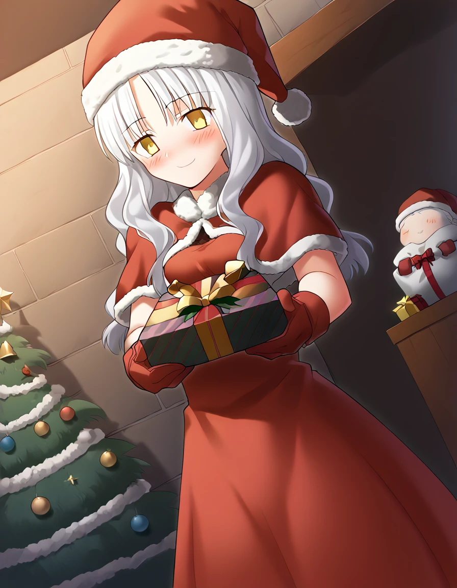 score_9, score_8_up, score_7_up, source_anime, <lora:caren-hortensia-ingame-ponyxl-lora-nochekaiser:1>, caren hortensia, long hair, yellow eyes, white hair, sidelocks, medium breasts,, <lora:santa-costume-ponyxl-lora-nochekaiser:1>, santa costume, santa hat, christmas, sack, merry christmas, gift, fur-trimmed headwear, holding sack, santa dress, fur-trimmed dress, christmas tree, christmas tree, fur trim, red capelet, gift box, red gloves, fur-trimmed capelet, santa gloves, red hat, hat,, smile, blush, looking at viewer, <lora:incoming-gift-ponyxl-lora-nochekaiser:1>, incoming gift, outstretched arms, holding, holding gift, gift, gift box,, , dutch angle, cowboy shot