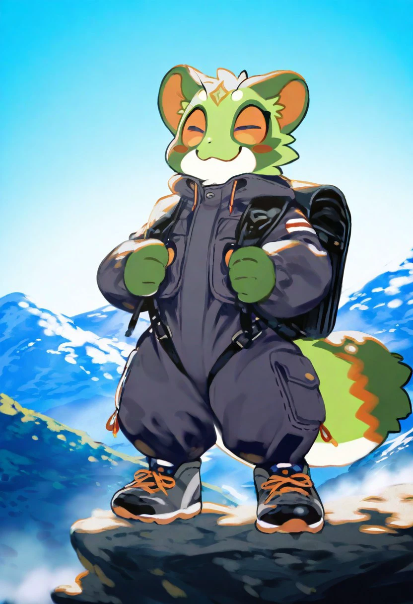 tsuyumaru (prime idol), artist:zuppu11, deadpurity, tencarcyan_old_type1, tencarcyan_old_type2, 1boy, solo, furry, cute, kemono, masterpiece, best quality, very awa, very aesthetic, absurdres, full body, climber clothes, standing on mountain, smile