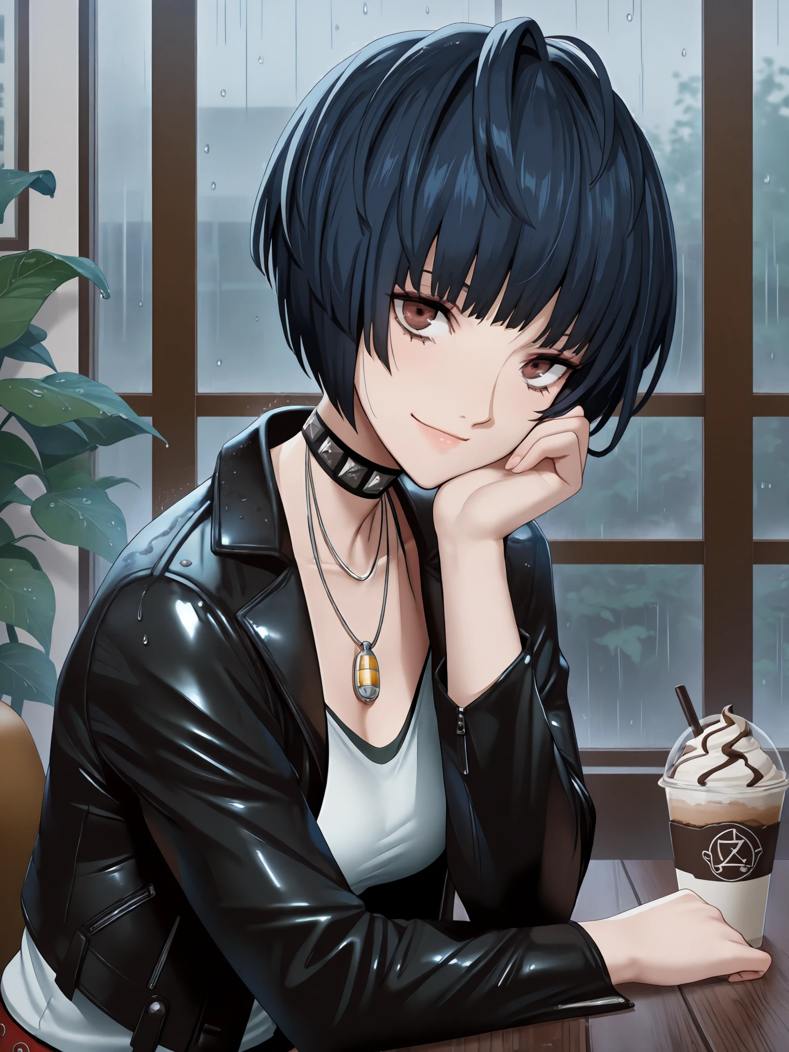 masterpiece, illustration, anime, CG, 4K, ultra-detailed, 
 <lora:TaeTakimeIllustV1-13:0.9>
1girl, solo, tae takemi, brown eyes, white shirt, leather jacket, pendant, necklace, choker, sitting, cowboy shot, looking at viewer, relaxed pose, satisfied, 
indoor, cafe, window, rainy,