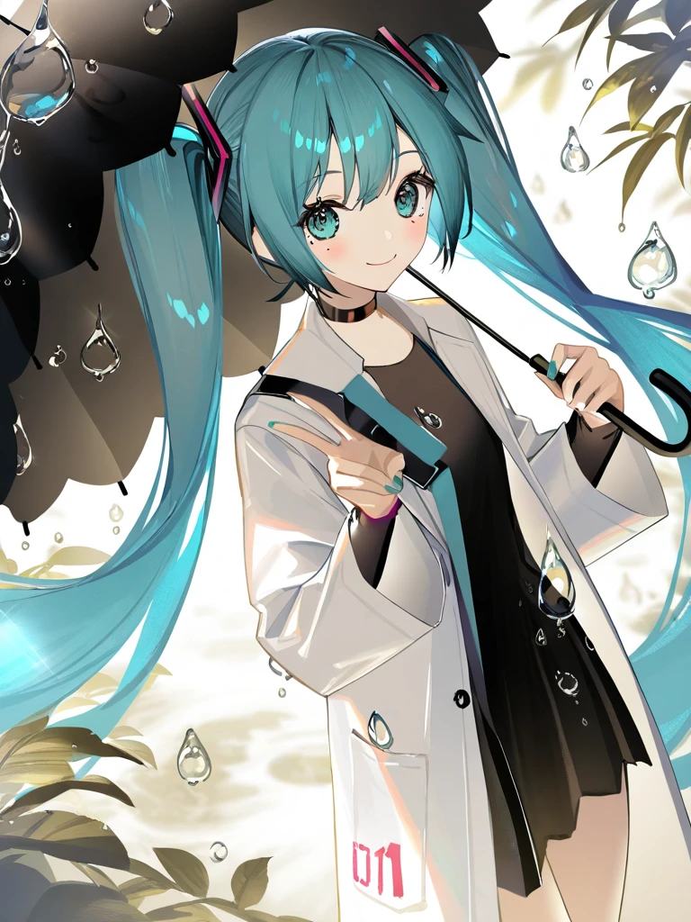 1girl,solo,v,looking at viewer,(hatsune miku:1.1),umbrella,holding umbrella,long hair,smile,looking at viewer,holding,open clothes,choker,long sleeves,shirt,mole,closed mouth,mole under eye,water drop,jacket,open jacket,very long hair,cowboy shot,open coat,white coat,black shirt,white jacket,coat,dress,black dress,black skirt,skirt,leaf,black umbrella,lab coat,,<lora:fanggeCL-000024:1>, masterpiece, best quality, very aesthetic, absurdres