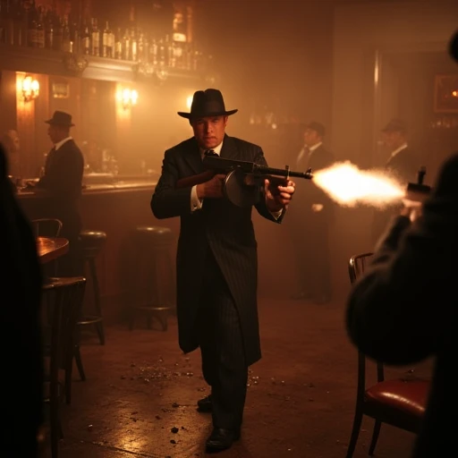 A smoky underground speakeasy in the roaring 1920s, with dim amber lighting casting long shadows over a polished bar. A sharply dressed gangster in a pinstripe suit and fedora stands in the center of the room, wielding a 1928 Thompson Sub-machine gun with a drum magazine. The scene captures the tension as shattered glass and bullet casings litter the floor, and patrons cower behind overturned tables. The muzzle flash illuminates the smoke, creating a vivid and dramatic contrast.