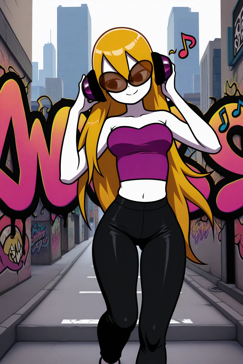 masterpiece, best quality, amazing quality, absurdres, solo, mcadore, smile, closed eyes, walking, listening to music, musical note, long blonde hair, orange sunglasses, purple headphones, white skin, purple crop top, strapless, sleeveless, black pants, outdoors, city, modern, graffiti