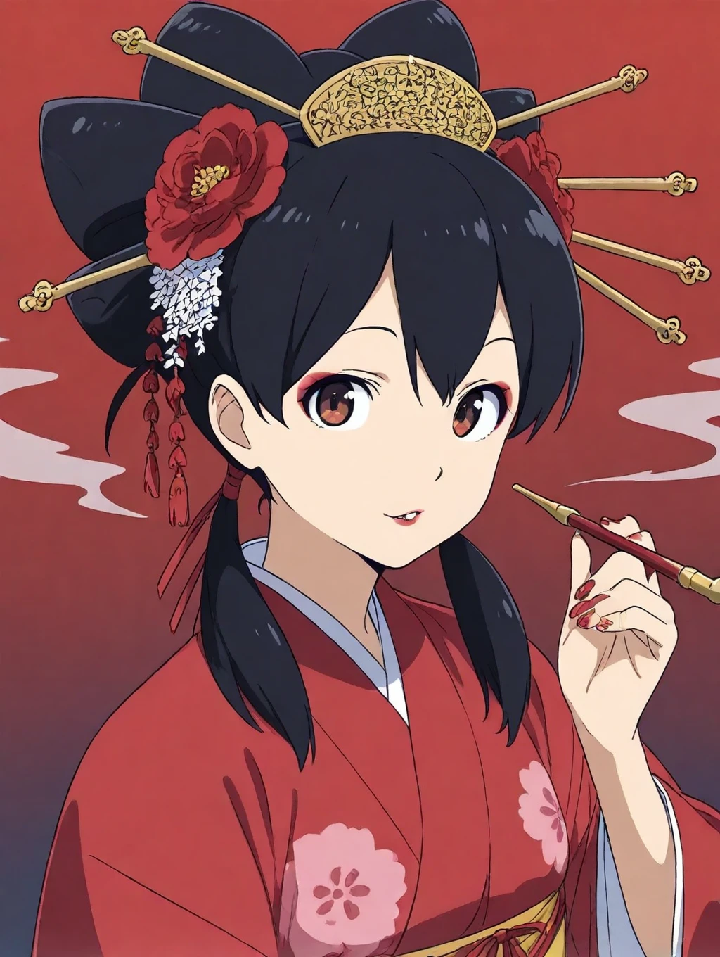 minamoto shizuka,1girl, smoking pipe, makeup, solo, japanese clothes, hair ornament, kanzashi, kimono, lipstick, black hair, holding smoking pipe, red lips, kiseru, flower, holding, eyeshadow, hair stick, nail polish, looking at viewer, upper body, red nails, parted lips, oiran,detailed skin, masterpiece, best quality,
 <lora:cth7l4le878c73f6r6c0:0.9>