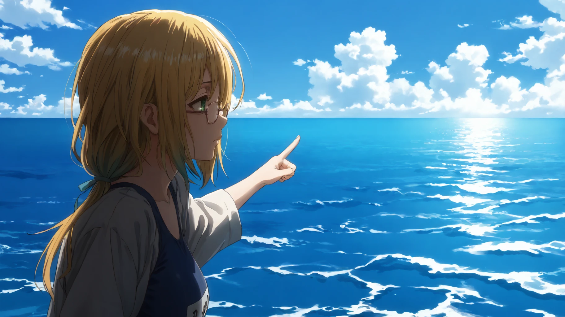 <lora:hachi.pony:1>,hachi, <lora:SNK:1>,wit,low twintails, gradient hair, ocean,, thighhighs, light sunbeam, long hair,green eyes,,blonde, large breasts, from side, (school swimsuit:1.2),  cloud, solo, sky, day,semi-rimless eyewear, blonde hair,looking sea,looking where the finger is pointing,looking horizon, sad