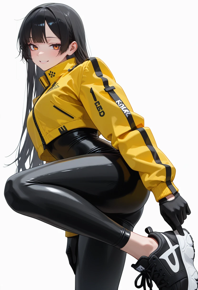 masterpiece,best quality,amazing quality,very aesthetic,absurdres,newest,
1girl, sk997cos,  sk01 jacket, sk02 sneakers, 
yellow jacket, 
BREK
black hair,
BREAK
fringe bangs,
BREAK
seductive smile, 
 black gloves,
Holding one hand out to side, palm forward  , (white background:1.1), 
<lora:997sk cosplay IL:1>