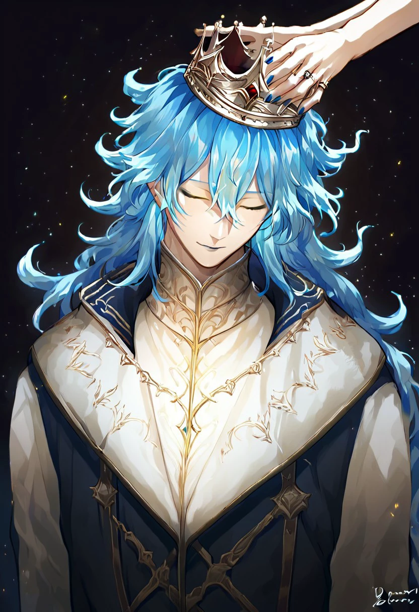 score_9, score_8_up, source_anime, highly detailed, highly detailed eyes,Solo, solo focus, crown, blue nails, upper body, solo, male focus, closed eyes, ring,blue hair, long hair, yellow eyes, glowing fire hair